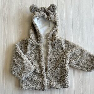 Quincy Mae Teddy Jacket Bear Ears Neutral Fleece Kids Size 18-24